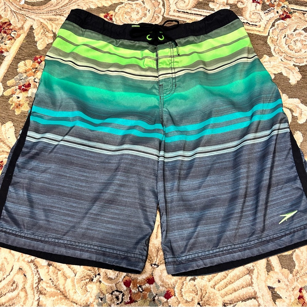 Speedo Black Green Gray Blue Stripe Board Swim Beach Board Shorts